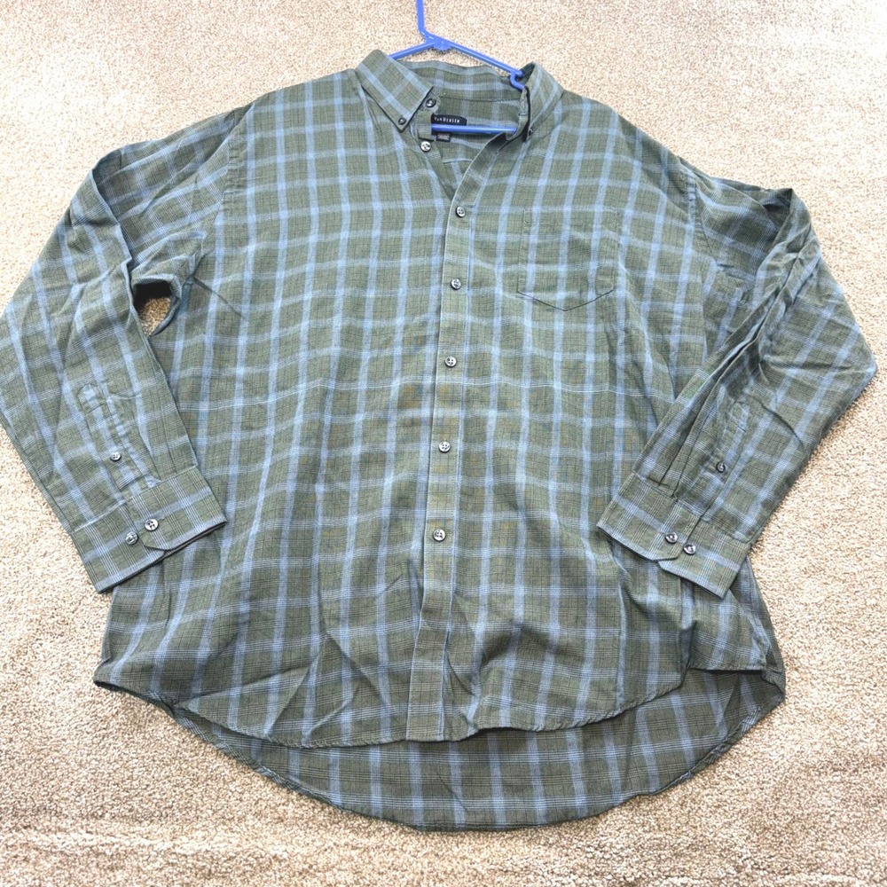 Van Heusen Mens XL Green Blue Plaid Long Sleeve Button Down Shirt 17 17.5 Work